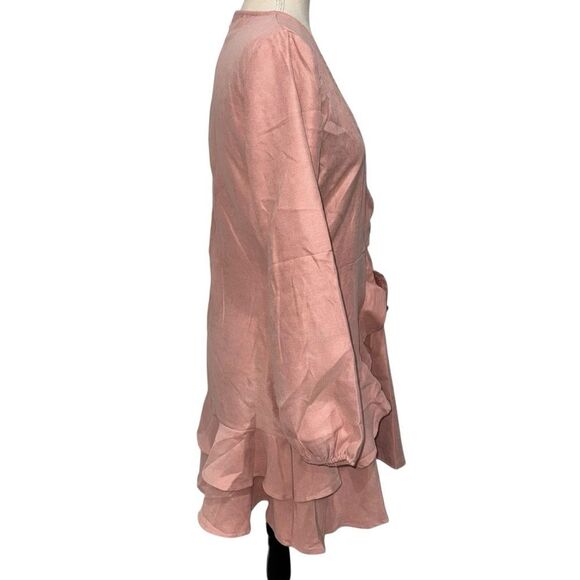 SHEIN Solid Pink Ruffle Wrap Dress Long Balloon Sleeves V-Neck Layers Size XL - Picture 7 of 11